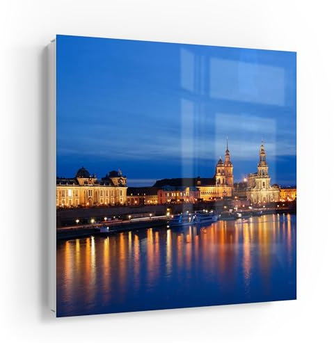 DEQORI Schlüsselkasten weiß | 30x30 cm | Motiv Dresdner Abendglanz | Glas & Metall Schlüssel-Box | Schlüsselschrank mit 50 Haken + 2 Magnete | Moderne Design Box magnetisch & beschreibbar