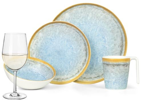 Vaisselle de camping en mélamine pour 4 personnes - Bleu cristal + 4 verres à vin blancs - Pour pique-nique et barbecue
