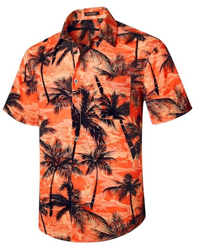 Rithern Chemises Hawaïenne Homme Manches Courtes Plage Vacances Chemises Été Palmier Casual Aloha Button Down Orange XL
