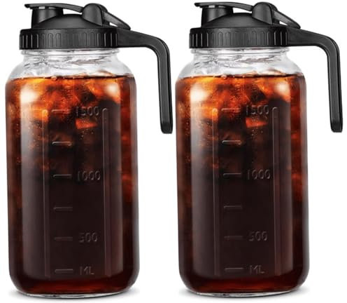 Mason Jar Pitcher 64oz Leckdosenglas Juice Pitcher mit Deckel & Ausguss 2pcs breites Mund kaltes Gebräu Masonglas für Flüssigkeiten, Eistee, Säfte, kaltes Kaffee, Muttermilch