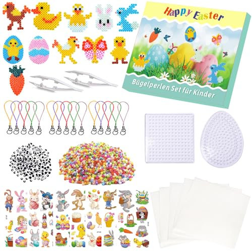 3057PCS Bügelperlen Ostern, Bügelperlen Platten Set mit 14 Motiven, Bügelperlen Set für Kinder, Ostern Deko mit 14 Bügelperlen Vorlagen, 3000 Bunten Steckperlen, 2 Bügelperlen Schablonen, 30 Augen usw