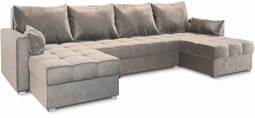 Masseno Ecksofa NAKO mit Schlaffunktion U-Form, Sofa mit Bettkasten, Wohnzimmersofa, Couch, Soffa, Bettsofa, Couchgarnitur- Beige, Paros 02