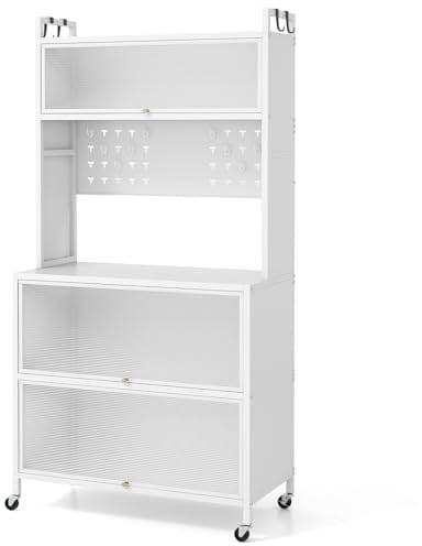 GOPLUS Küchenschrank mit 5/6 Ebenen, Buffetschrank mit Arbeitsplatte & Schränken, Vorratsschrank mit Klapptüren, Haken, Küchenbuffet mit Rollen, Mikrowellenschrank (Weiß,80 x 40 x 160 cm)