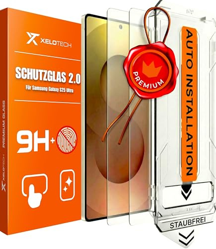 XeloTech Schutzglas für Samsung Galaxy S25 ULTRA - Aus Panzerglas - Automatische Ausrichtung mit neuer Antistaub-Schablone, 2 Gläser, Extra Hart 9H+
