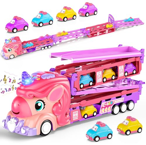 Unicorn Gifts for Girls, Unicorn Toys Transport Truck with 6 Mini Car, Unicorns Toy Cars for 2 3 Year Old Girls, Toddler Toys for Girl 2-3