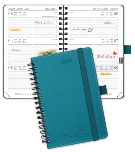 POPRUN Kalender 2026 Klein 16 x 10,5 cm (Jan.2026-Dez.2026) - Taschenkalender 2026 Klein Ringbuch mit Softcover - Terminplaner, Planer 1 Woche 2 Seite mit Plastiklineal - Pazifikgrün
