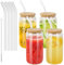 4 Pièces Verres à Boire avec Couvercles en Bambou et Paille en Verre,Verre Canette 500 ml, avec Couvercle et Paille,Pour Ice Coffee, Cocktail, Smoothie