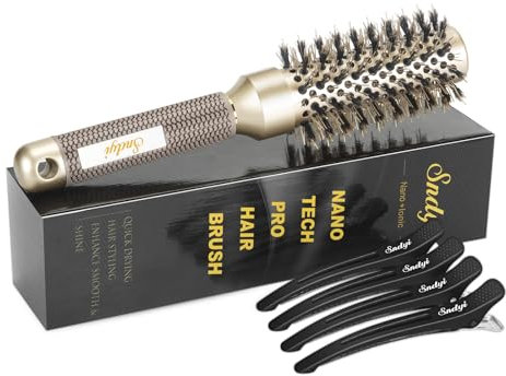 Sndyi Rundbürste zum Föhnen, 32mm Kleine Rundbürste mit Wildschweinborsten, Haarbürste Rund fördert Glanz und Volumen, Rundhaarbürste für kurze Haare mit schnellem Föhnen und Salon Styling