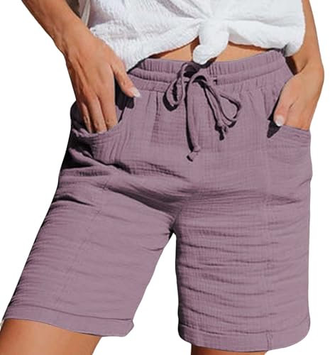 Jmwedia Kurze Hose Damen,Shorts Damen Sommer Musselin Leinen Kurze Hose Baggy Beach Muslimische Shorts Mit Taschen Elastische Taille Bein Bermuda Lässige Freizeit Short Mit Kordelzug Sporthose