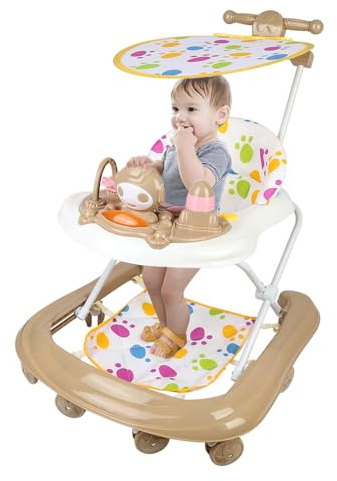 Lauflernhilfe für Babys, Jungen & Mädchen, 3-in-1, höhenverstellbar, Lauflernhilfe für Babys, mit Musik, 8 Räder, Musik, Baldachin (360-Grad-Drehung), Khaki