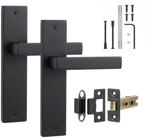 Decoranddecor Lumina Matt Black Internal Door Handles with Latch Kit | Matte black interior door handle set with fire rated tubular mortice latch kit, brushed backplate lever, lockable