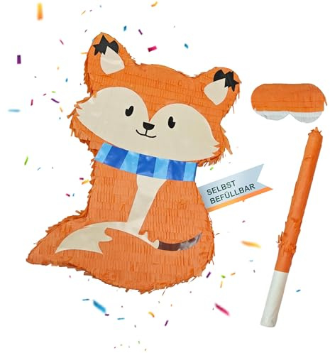 Relaxdays Pinata Fuchs, mit Stab & Maske, Partypinata Kinder, Geburtstag, zum Befüllen, HxBxT: 45x31x9 cm, Mehrfarbig