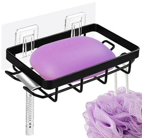 Soap Dish, Soap Holder with 4 Hooks, Adhesive Wall Mount Soap Tray, Rustproof Stainless Steel Soap Dish for Shower Bathroom Kitchen, Black