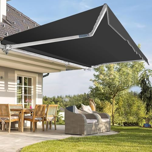 Fiqops manuelle Gelenkarmmarkise 400 x 300 cm Markise Sonnenmarkise Sonnenschutz mit Kurbel, Anti-UV und wasserfest, Alu/Polyester für Balkon, Terrasse, Garten, Grau