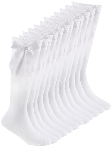 Sock Stack 6 Pairs Girls Knee High School Socks with Fluffy Ribbons Bow Cotton Sock Long Uniform Back to School Party Wear, White, 9-12 (EU 27-30)