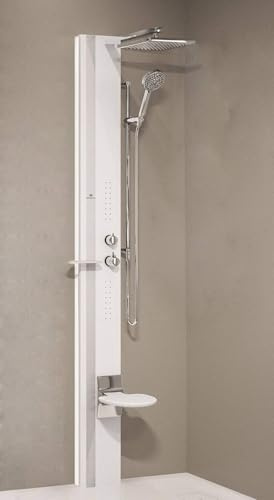 Colonna Doccia Novellini Line 1 Idromassaggio Idro Attrezzata Miscelatore Termostatico Colore Sedile Bianco Opaco Fascia Mensola Silver Misura 22x57,5xH215 cm