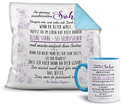 Geschenkset von dem Vater für den Sohn - Tasse und Kissen - Himmelblau/Verwandte/Geschenk-Idee/Liebling/Familie