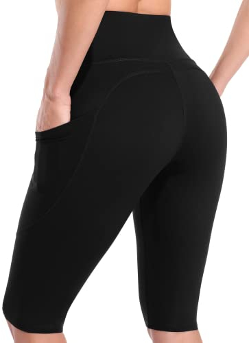 CharmLeaks Women Yoga Shorts with Two Pocket Workout Shorts Tummy Control Leggings Running Shorts Black L