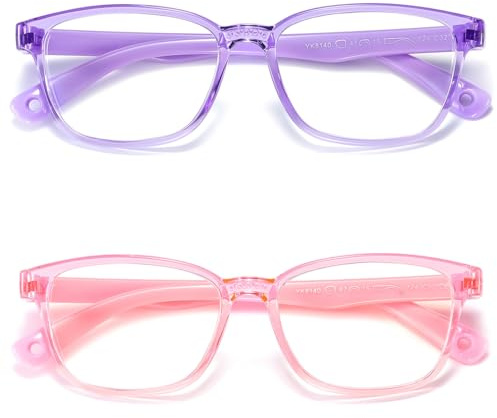 AHXLL Kids Blue Light Blocking Glasses 2 Pack, Anti Eyestrain & UV Protection, Computer Gaming TV Phone Glasses for Boys Girls Age 3-9 (Transparent Purple+ Transparent Pink)