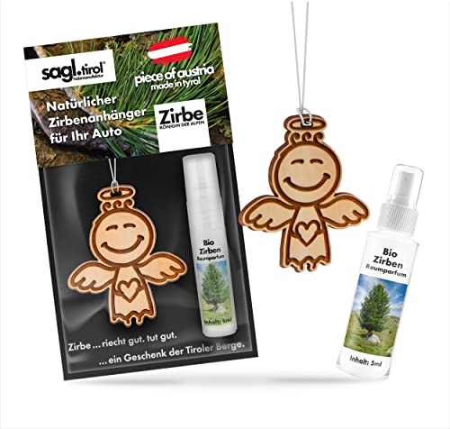 sagl.tirol Auto Duft aus Zirben Holz [100% Bio] inkl. Zirben Raum Parfüm 5ml I verschiedene Motive I natürlicher Auto Duftbaum I Auto Duft Innenraum I Auto Lufterfrischer I Autoduft I Schutzengelchen
