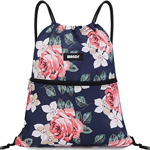 WANDF Rucksack mit Kordelzug Turnbeutel Sportbeutel Gym Bag Mit Aussentasche Verstellbar Tunnelzug Gymsack für Damen Herren Kinder mit Innentasche 11 Liter für Sport und Reisen (C - Blume)