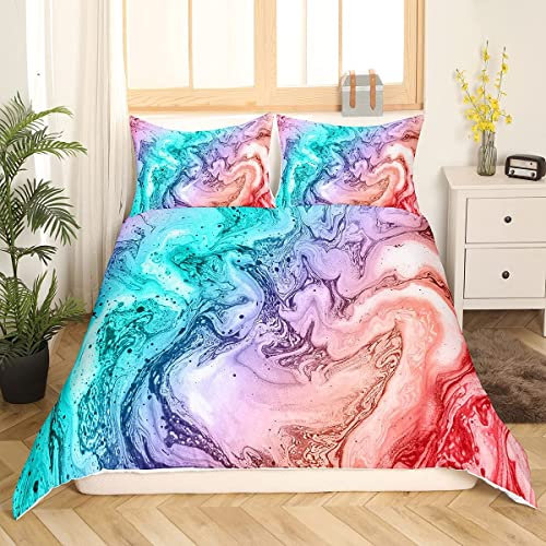 Mädchen Marble Bettwäsche Set 155x220cm Bunt Marble Gedruckt Bettbezug Set für Kinder Women Abstrakt Kunst Betten Set Violett Blau rot Flüssigkeit Zimmer Dekor 2St