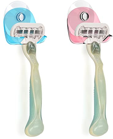 kwmobile 2x Saugnapf Halterung für Rasierer - für Glas und Fliesen - Nassrasierer Saugnapf Halter Set - Wand Haken in Rot Hellblau Transparent