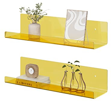 RRG Schweberegale aus Acryl, 38,1 cm, 2 Stück, schwebendes Bücherregal, Wandmontage, Ausstellungsregal für Bücher, Kinderzimmer, Schlafzimmer, Badezimmer, Wohnzimmer (gelb)