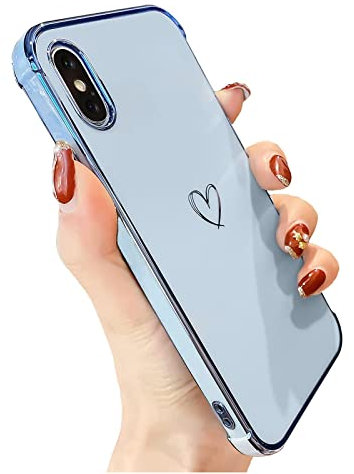 Knoowcase for iPhone XS Case iPhone X Phone Case for Girls Women Shockproof Flexible Silicone Bumper Lens Protection Luxury Plated Gold Heart Slim Anti Scratch Phone Cover for iPhone XS/X, Blue