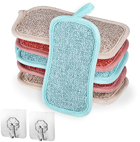 6 Piezas Esponja Cocina, Estropajo Cocina de Microfibra Reutilizable Doble Cara Esponja Limpieza Hogar Antiarañazos Lavable con 2 Ganchos Adhesivos para Sartenes Antiadherentes