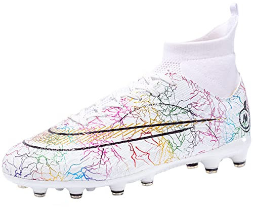 Csgkag Chaussures de Football Homme High Top Spike Profession Athlétisme Entrainement Chaussures de Sport en Plein Air Adolescents,Blanc,EU42