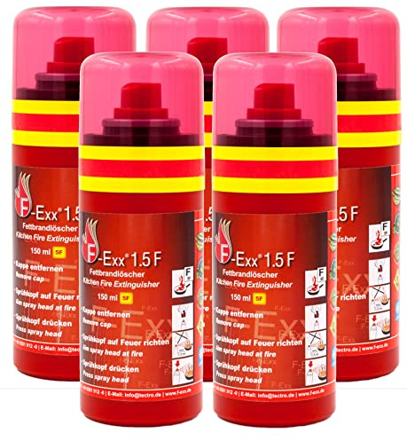 F-Exx® 1.5 F Kompakter Fettbrand-Feuerlöscher - 5er Pack Löschspray für Küche und Zuhause (Made in Germany)
