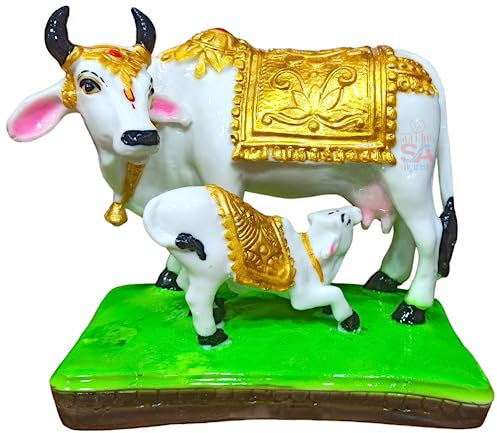 S A GIFTS Sai Amrut Handicraft Decorative Marble Cow and Calf Big Statue/Idol for Gift Home Decor (Gold 5 Inch), Animal;Religious