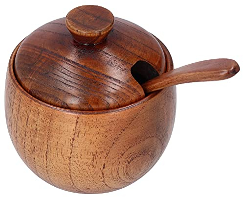 Seasoning Container with Lid and Spoon, Wooden Salt and Pepper Bowls, Seasonging Jar Condiment Pot, Salt and Pepper Cellar, Condiment Box Container for Home, Kitchen, Restaurant