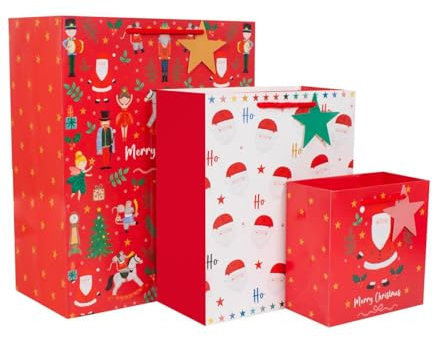 RSW Pack of 3 Christmas Santa and Nutcracker Gift Bags Assorted With Gift Tags Xmas Gift Wrap Traditional Eco Friendly