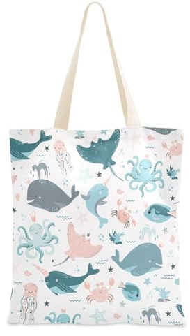 FRODOTGV Canvas-Tragetasche für Damen, Fische, Wal, Piste, Krabbe, Quallen, Segeltuch, Tragetasche, Geburtstagsgeschenk, wiederverwendbare Einkaufstasche, Tragetasche mit Taschen, einfarbig, Fisch Wal