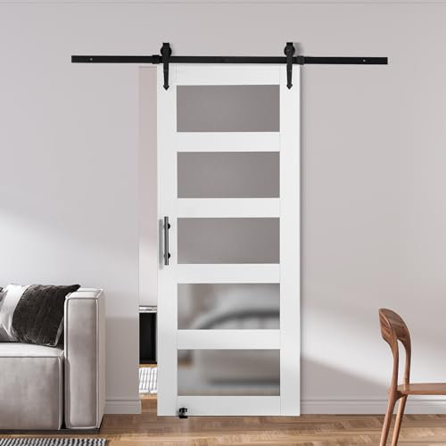 VEVOR Porta in vetro da 76 x 213 cm con kit hardware per porta scorrevole da 1,5 m incluso, maniglia e guida per pavimento, 5 vetri smerigliati, legno massello, impermeabile e antigraffio, facile