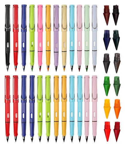 Minging 24 Stück Ewiger Bleistift, Bleistift Sets mit 12 Stück Ersatzspitzen Kein Anspitzen Tintenloser Bleistifte mit Radiergummi Schreibwaren Geschenk für Kinder,Ewiger Bleistifte Set
