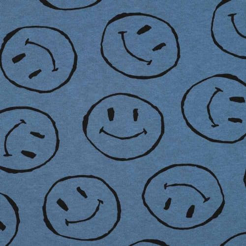 French Terry, Happy Fleece, Smileys in Schwarz auf Blau als Meterware zum Nähen, 50 cm