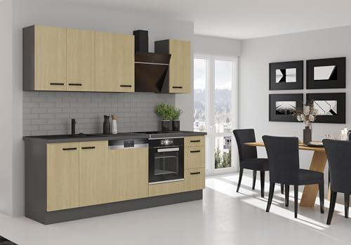 Küche Scandi Basic 240 cm Fischgrät Optik Küchenzeile Küchenblock Einbauküche