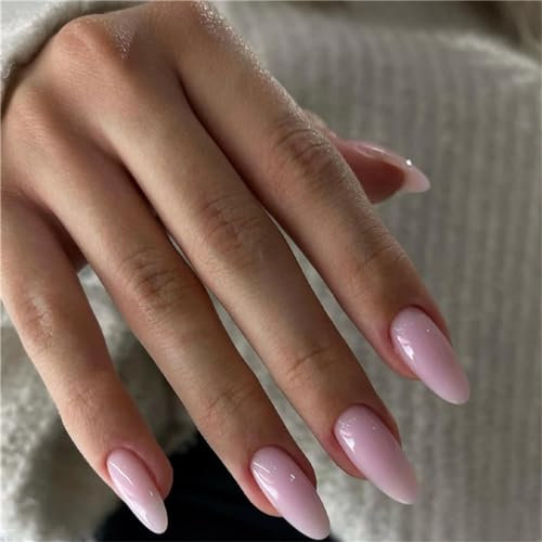 CRAZYNEKOS Almond Short Fake Nail Light Pink Summer Press on Nails Tips Nail Art Decoration for Women and Girls Manicure 24pcs