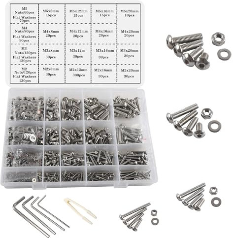 huruirui 1180pièces Jeu de Vis Boulons et Écrous M2 M3 M4 M5 304 vis à tête ronde en acier inoxydable kit de vis et d'écrous pour machine hexagonale avec boîte de rangement