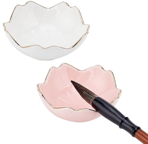 PH PandaHall 2PCS Ceramic Ink Plate, 2 Colors Flower Porcelain Ink Dish Chinese Brush Rests Brush Stands Paint Pallets Multifunctional Bowl for Calligraphy Sumi-E Painting Japanese Prints