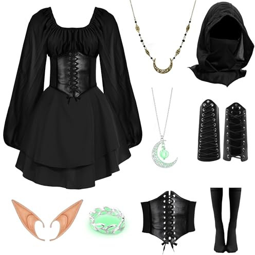 IEEILULU Vestito Medievale Donna con Cappuccio, Vintage Vestito Gotico Donna, Abito Rinascimentale con Corsetto, Orecchie da Elfo per Carnevale Halloween Cosplay (Nero, L)