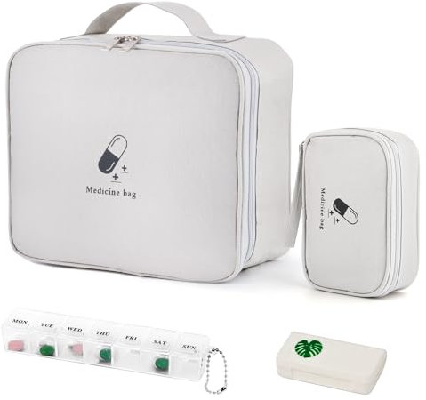 WuGU 2stk Medikament Tasche, Tragbar Medikamententasche mit 2 Stück Tablettenbox, wasserdichte Medizin Aufbewahrungstasche,Reiseapotheke Tasche für Schule,Reisen, Camping und Wandern, leicht-hellgrau