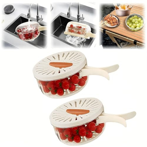 Multifunktionale Obst-Waschschüssel mit Sieb, 2-in-1-Ablaufkorb und Obstsiebbehälter mit Deckel, Obstwaschschüssel für Küche, Kühlschrank, Picknick und Camping (1QT + 1QT)