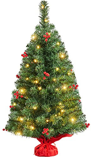 Yaheetech 90cm Mini Árboles de Navidad Artificiales 96 Ramas con 50 Luces LED Blanca cálida y 60 Bayas Rojas para Decoración Navideña en Casa Oficina