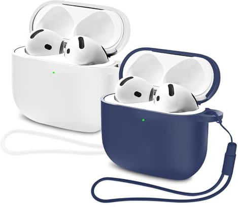 Mocarheri 2PCS Silikon Hülle Schutzhülle Kompatibel mit AirPods 4 Gen (2024), Silikon Stoßfeste Weiches Schutzhülle für AirPods 4, Front-LED Sichtbar (Weiß/Dunkelblau)