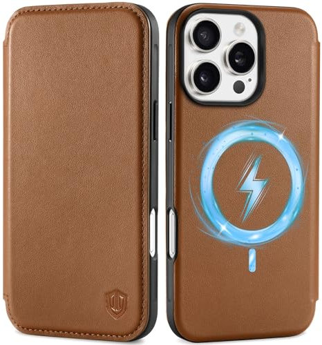 SHIELDON Wallet Case for iPhone 16 Pro Max 5G, Genuine Leather Slim Folio Case [Wireless Charging][RFID Blocking][Card Holder] Magnetic Protective Case Compatible with iPhone 16 Pro Max - Saddle Brown
