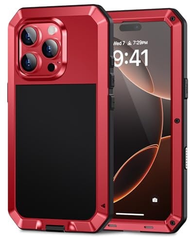 Lanhiem for iPhone 16 Pro Max Metal Case, Heavy Duty Shockproof Tough Rugged Case with Built-in Glass Screen Protector, 360 Full Body DustProof Protective Cover for iPhone 16 Pro Max 6.9, Red